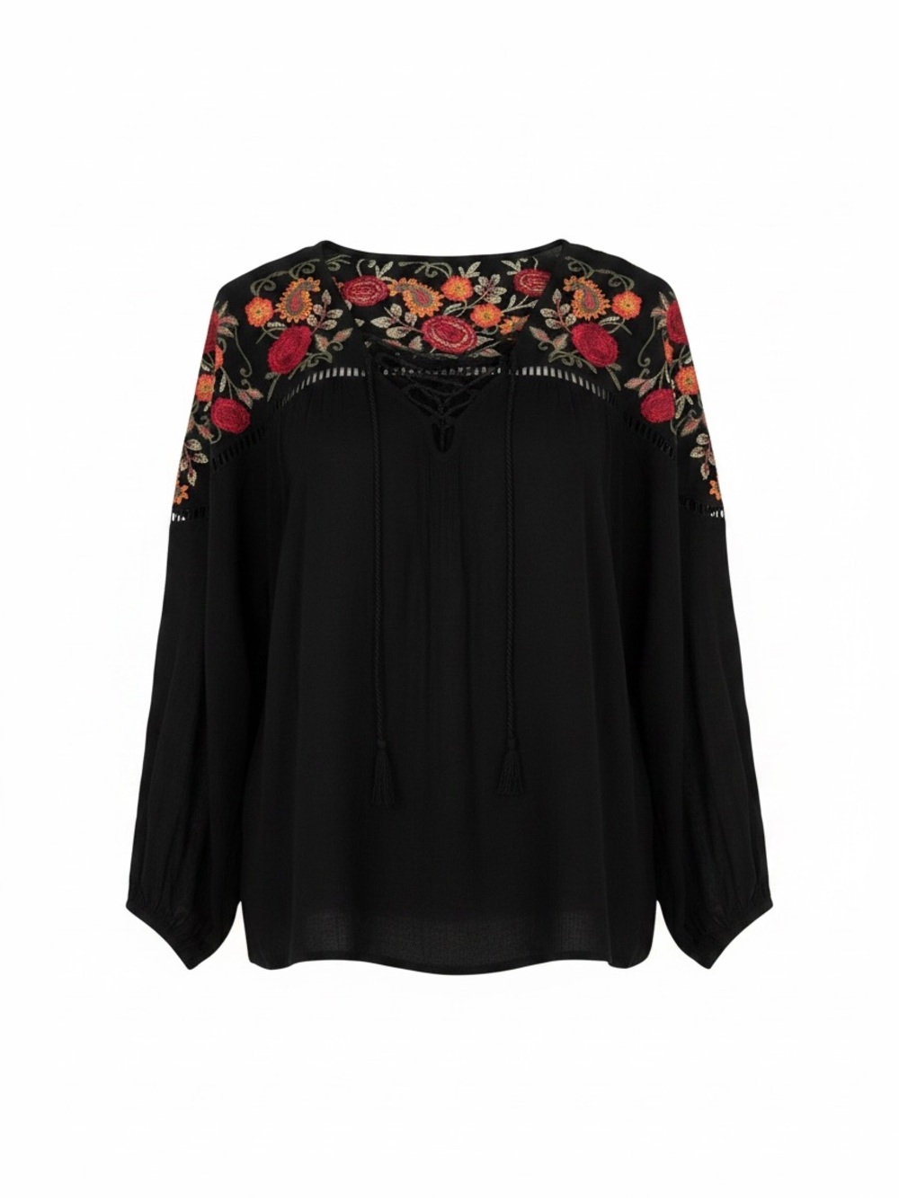 Black Floral Embroidered Peasant Top with Tassel Tie